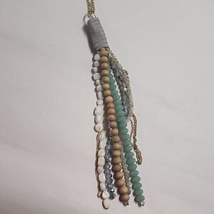 Long Gold Tone Tassel Chain Necklace Beaded Crystal Wooden Beads